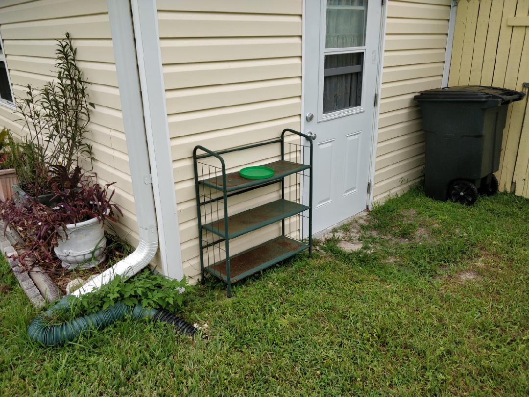 Metal rack with a green plate outside a yellow house near a closed door and a trash bin.